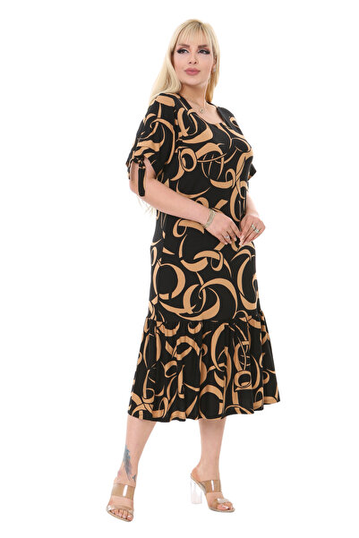 MELSAY Kadın Kolları Bağlamalı Taba Dalga Desen Büyük Beden Elbise
