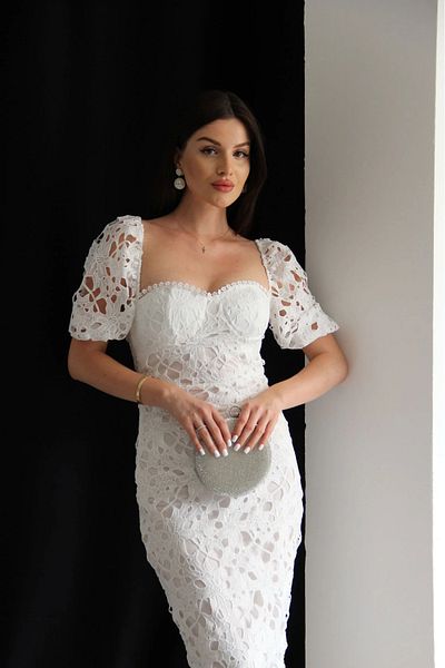 Julidress Rochie din dantelă premium cu mâneci tip balon cu dantelă, decolteu cu inimă