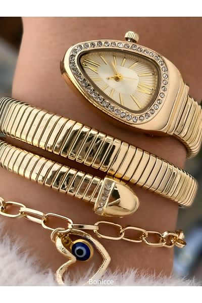Bonicce Yellow Cord with Rhinestone Thick to Thin in Box, Yellow Dial, Snake Watch+Heart Bracelet
