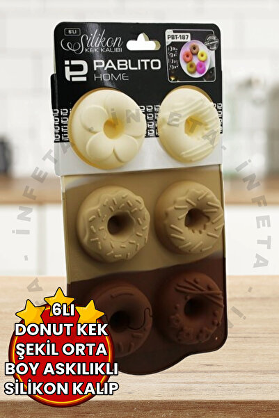 İnfeta 6lı Klasik Donut Kek Şekilli Orta Boy Fırınlanabilir Yanmaz Silikon Ke...