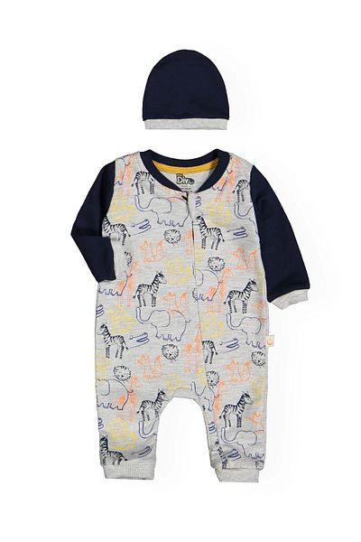 Divonette Baby Boy Gray Jumpsuit and Hat Set - Stylish & Comfortable