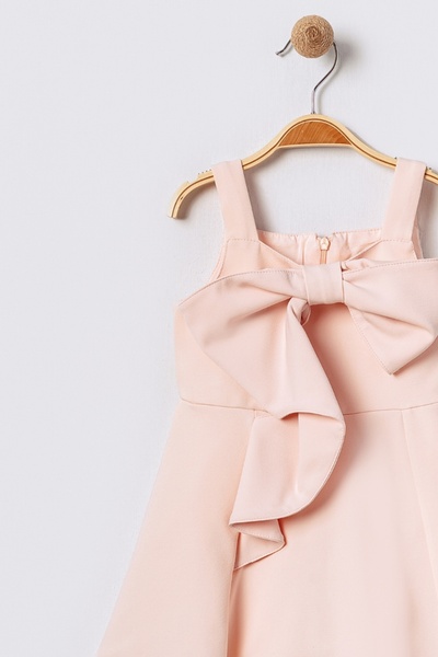 Bebüş Büyük Fiyonk Detaylı Kalın Askılı Kloş Kesim Kolsuz Pembe Kız Çocuk Elbisesi 15701
