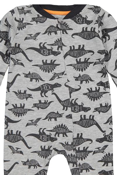 Divonette Baby Boy Cotton Dinosaur Patterned Gray Jumpsuit - Long Sleeve and Comfortable