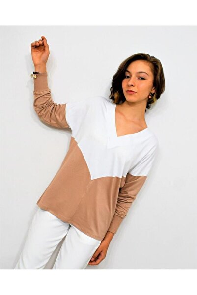 Pasaklı Giyim Women's V-Neck Color Block Soft Textured Comfortable 3-Thread Combed Cotton Blouse