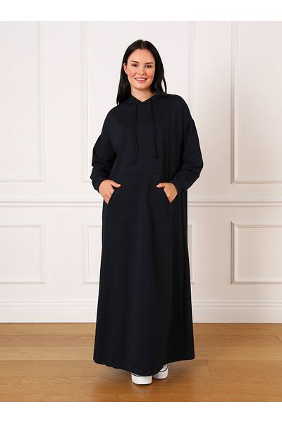 ALİA Cotton Hooded Sports Plus Size Dress - Navy Blue - Alia