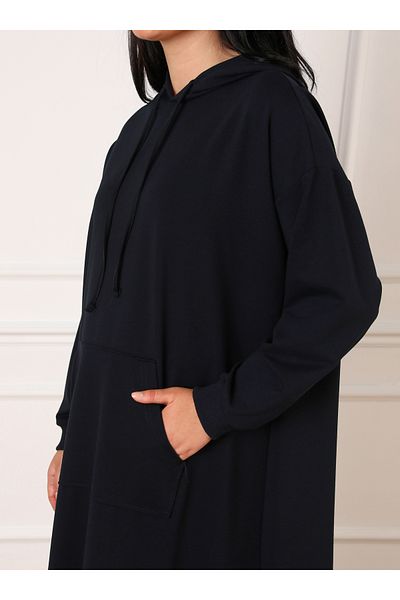 ALİA Cotton Hooded Sports Plus Size Dress - Navy Blue - Alia