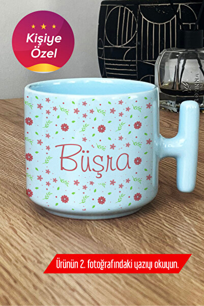Hedizu Kişiye Özel İsim Yazılı Pastel T Kulplu Kupa Bardak Mavi Çiçek Desenli -5- M2M W1D