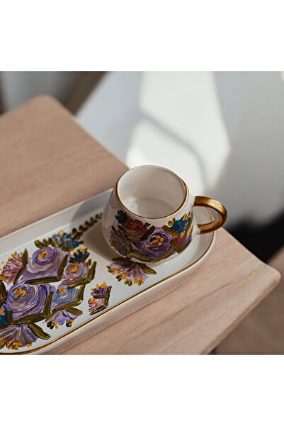 Store El Boyama Kahve Fincanları Mor Çiçek Özel Tasarım Çeyiz, Hediyelik Türk...