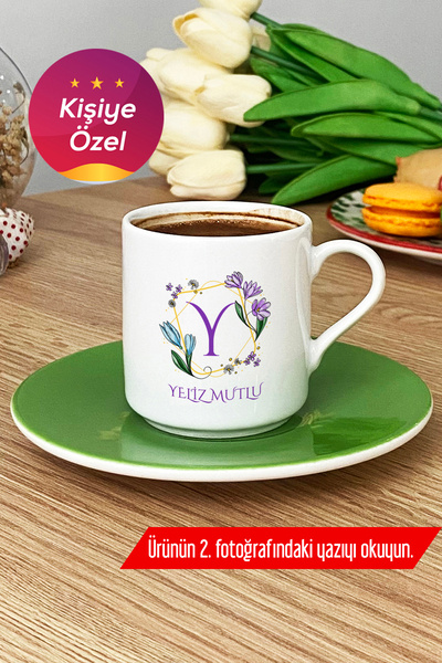 Hedizu Kişiye Özel Çiçekli Y Harfli Türk Kahvesi Fincanı Yeşil İsim Soyisim Y...