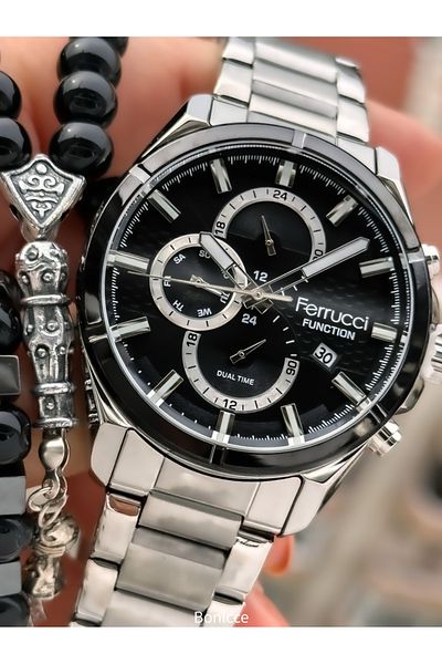 Ferrucci Functions Active, Silver Color Steel Band, Black Dial Men's Wrist Watch+ Rosary Bracelet