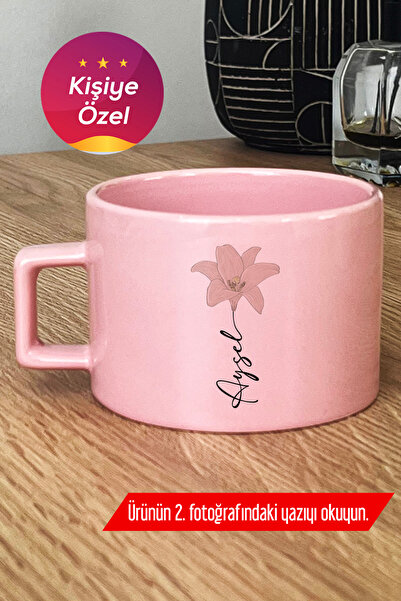 Hedizu Kişiye Özel İsim Yazılı Pastel Fincan Pembe Çiçekli Lilyum U0P M3D