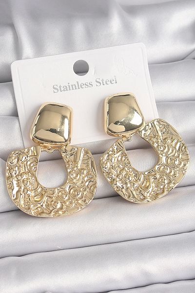 Clariss Brass Gold Color Dangle Embroidered Plate Model Women's Earrings