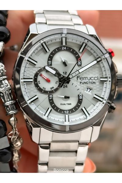 Ferrucci Functions Active, Silver Color Steel Band, Gray Dial Men's Wrist Watch+ Rosary Bracelet