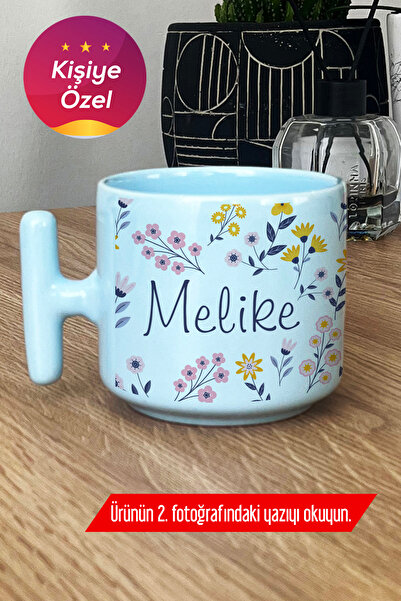 Hedizu Kişiye Özel İsim Yazılı Pastel T Kulplu Kupa Bardak Mavi Çiçek Desenli -9- C8K A3U