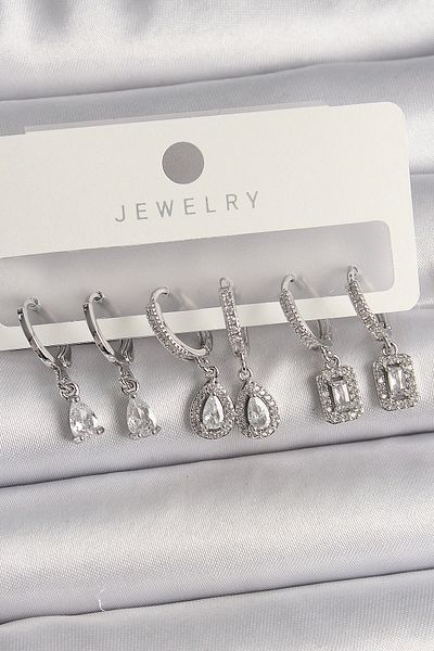 Clariss Brass Silver Color Dangle Zircon Stone Drop Model Women's Earring Set