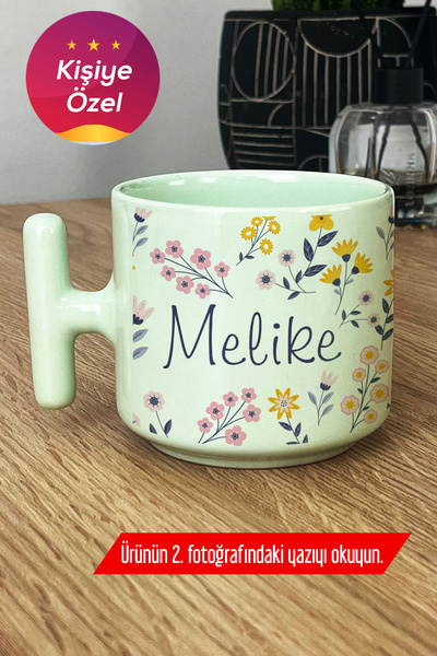 Hedizu Kişiye Özel İsim Yazılı Pastel T Kulplu Kupa Bardak Yeşil Çiçek Desenli -9- X0F S3G