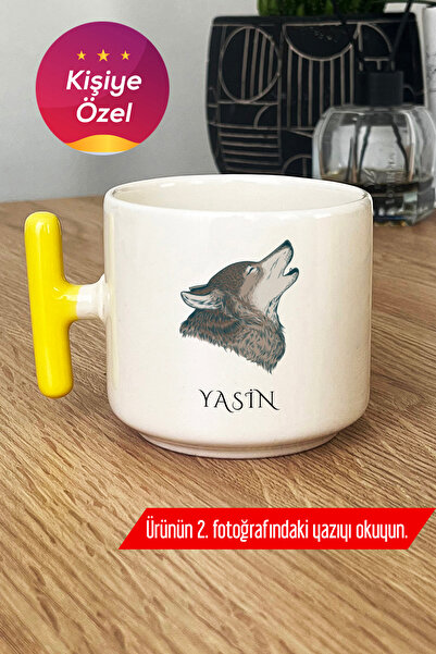 Hedizu Kişiye Özel Kurt Baskılı Kupa Bardak T Kulplu Sarı Babaya Kardeşe Hedi...