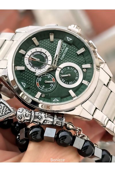 Ferrucci Functions Active, Silver Color Steel Band, Green Dial Men's Wrist Watch+ Rosary Bracelet