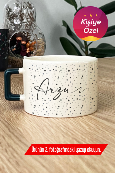 Hedizu Kişiye Özel Yıldız Desenli İsimli Lüks Fincan Koyu Yeşil Doğum Günü He...