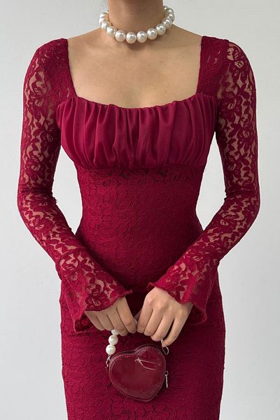 WOMAN VISION Rochie midi de damă, cu guipură și mâneci, cu design din tul, cu gât pătrat, burgundă 209