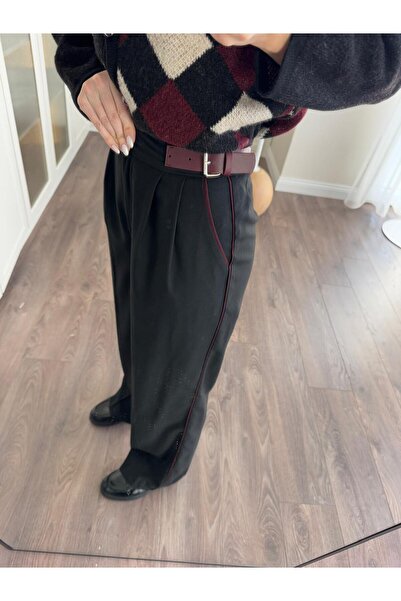 perastore Bordo Biyeli Kendinden Kemerli Siyah Kumaş Pantolon