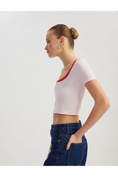 Koton Cotton Slim Fit Contrast Detail Short Sleeve U Neck Corduroy Crop T-Shirt