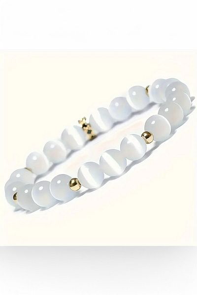 NBS Beautiful Naturel Stones Selenite Natural Stone Bracelet 8 mm (Evil Eye, Ambient Positive, Life Joy)