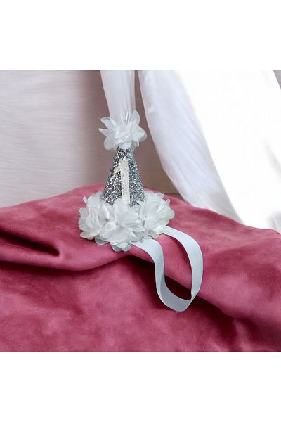 damlakidsmoda Pălărie pentru ziua de naștere pentru fetiță de 1 an - Coroana albă argintie