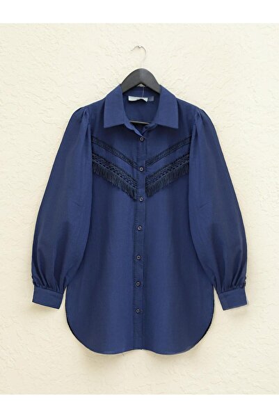 MACMODA Güpür Püsküllü Ham Keten Balon Kol Gömlek