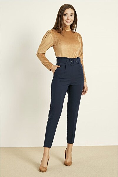 KAŞİHA Kadın Dar Paça Klasik Kemerli Kumaş Pantolon - Lacivert