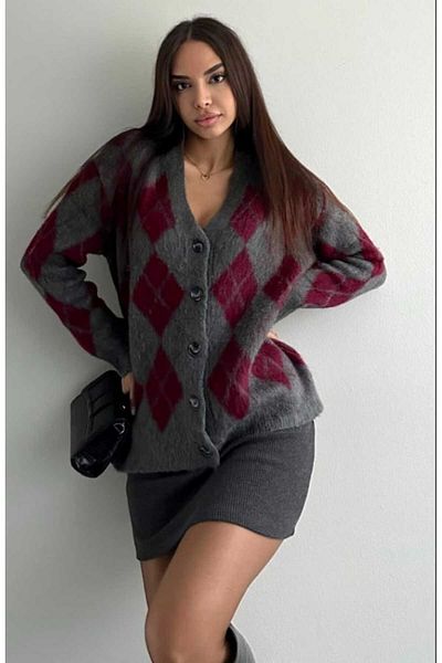 yeditepe fashion Women's V-Neck Raised Patterned Knitwear Cardigan