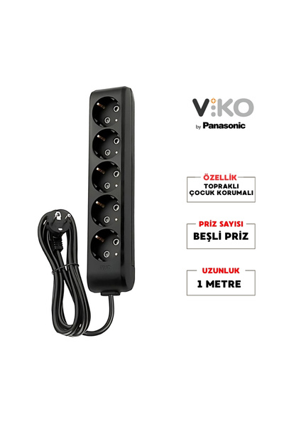 VİKO Viko | Beşli Grup Priz, Topraklı - Çocuk Korumalı Çoğaltıcı Priz, 5'li, 1 m, Siyah