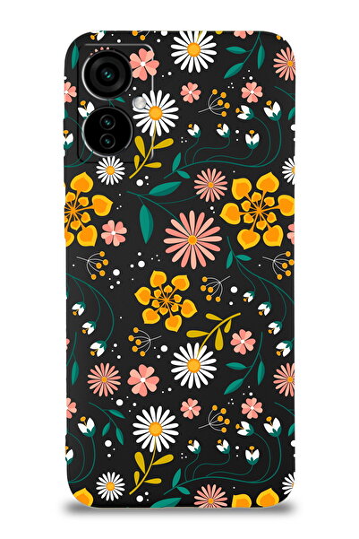 PrintiFy Tecno Camon 19 Neo ile Uyumlu Çiçek Tasarımlı Siyah Lansman Kılıf