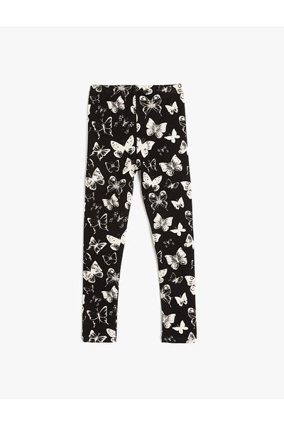 Koton Cotton Butterfly Patterned Long Leggings with Elastic Waist