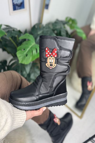 Allyup Cizme negre de zăpadă pentru copii - design interior din blană, talpă anti-alunecare cu velcro, pantofi casual 802