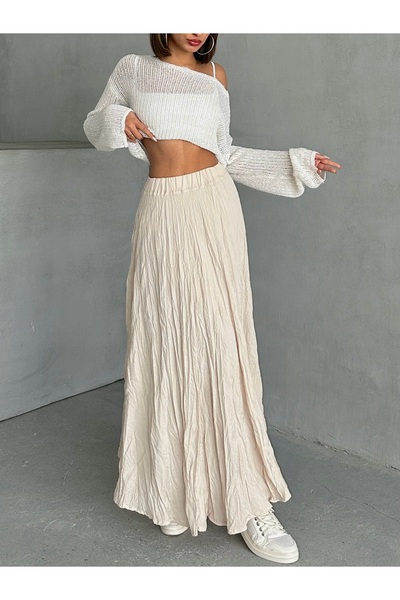 BEJNA Women's Wrinkled Modal Textured Soft Long Skirt