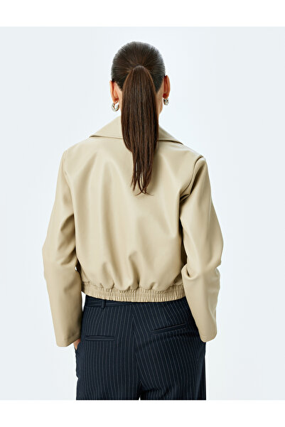 Koton Double Breasted Crop Faux Leather Jacket with Snap Button Pockets