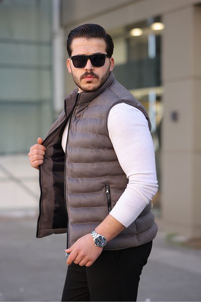 Mero Life Men's Gray Nubuck Suede Puffer Vest