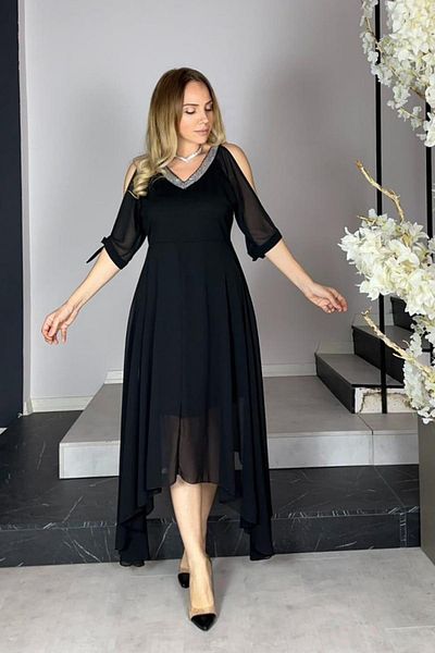 gesmoda Black G1274 Model Neckline and Chiffon Detail Evening Dress