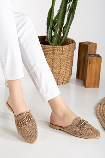 Slipcat Дамски сламени чехли Затворени предни мрежести дантелени камъни Стилни летни домашни плажни ваканционни чехли