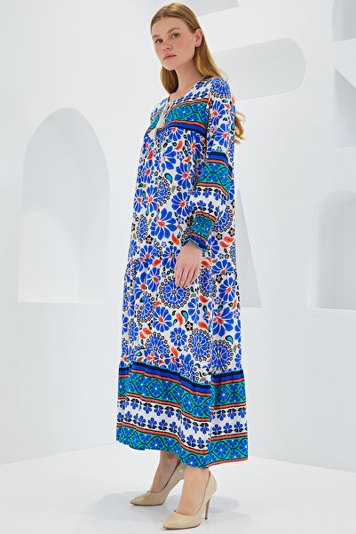 Bigdart Kadın Saks Mavi Desenli Uzun Viskon Elbise 1947