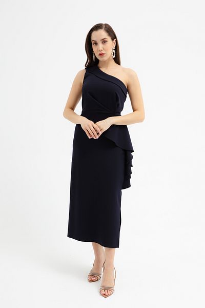 Lafaba Γυναικείο μίντι φόρεμα Navy Blue με έναν ώμο με βολάν