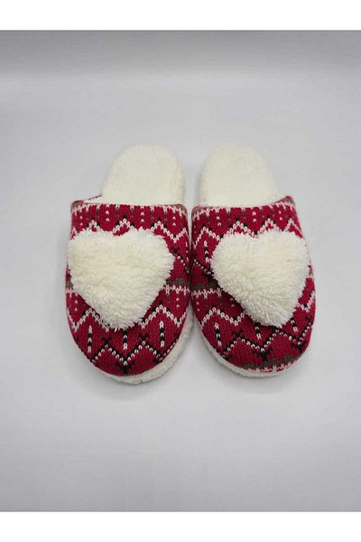 fluffy Plush Inside Knitwear Knitted Patterned - Non-Slip Sole Heart Pompom Women's House Slippers