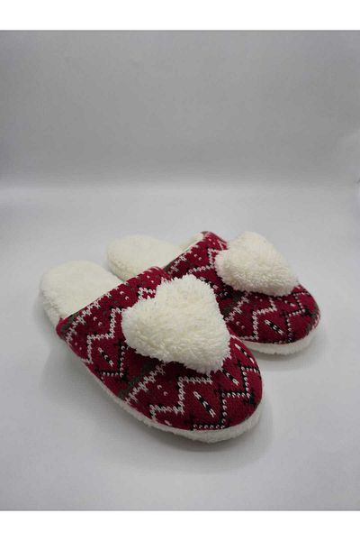 fluffy Plush Inside Knitwear Knitted Patterned - Non-Slip Sole Heart Pompom Women's House Slippers