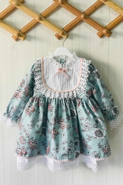 Bertuğ Bebek Ribbed and Lace Detailed Floral Blue Baby Girl Designer Dress