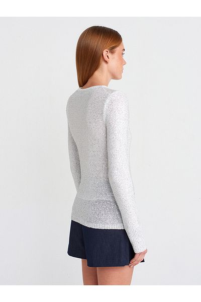 Dilvin 10699 Ecru Crew Neck Sequin Lined Knitwear Sweater