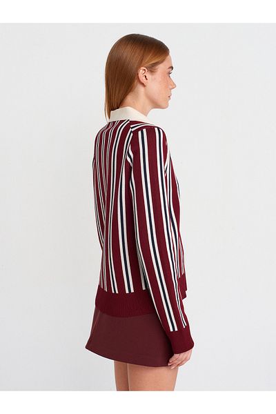 Dilvin 10711 Polo Neck Striped Buttoned Thin Knitwear Sweater-Burgundy-Cream