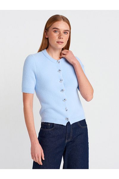 Dilvin 60284 Cardigan moale de tricotaj cu decolteu albastru - cu nasturi