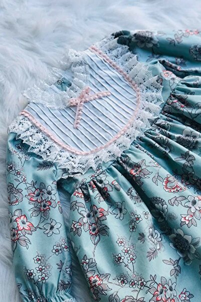 Bertuğ Bebek Nervür Ve Dantel Detaylı Çiçekli Mavi Kız Çocuk Bebek Tasarım Elbise