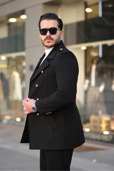 Mero Life Ανδρικό παλτό με κουμπιά νέας σεζόν με λεπτή εφαρμογή με διπλό στήθος μαύρο κασμίρ παλτό